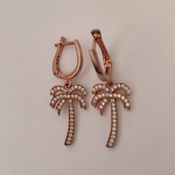Other - 🌴925 Silver palm tree cz dangling hoop earrings 14k rose gold plated